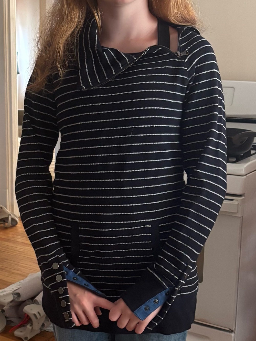 Grey State Black & White Striped Cowl Neck Sweater